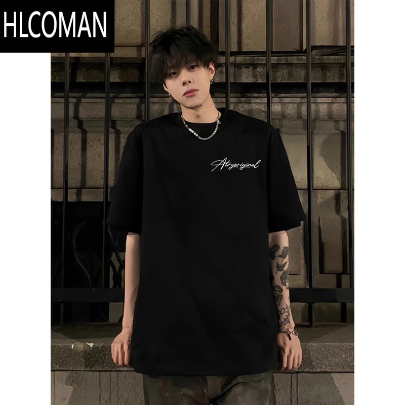 HLCOMAN美式花灰色短袖T恤男高街痞帅潮牌小领口设计感落肩半袖 黑色 2XL