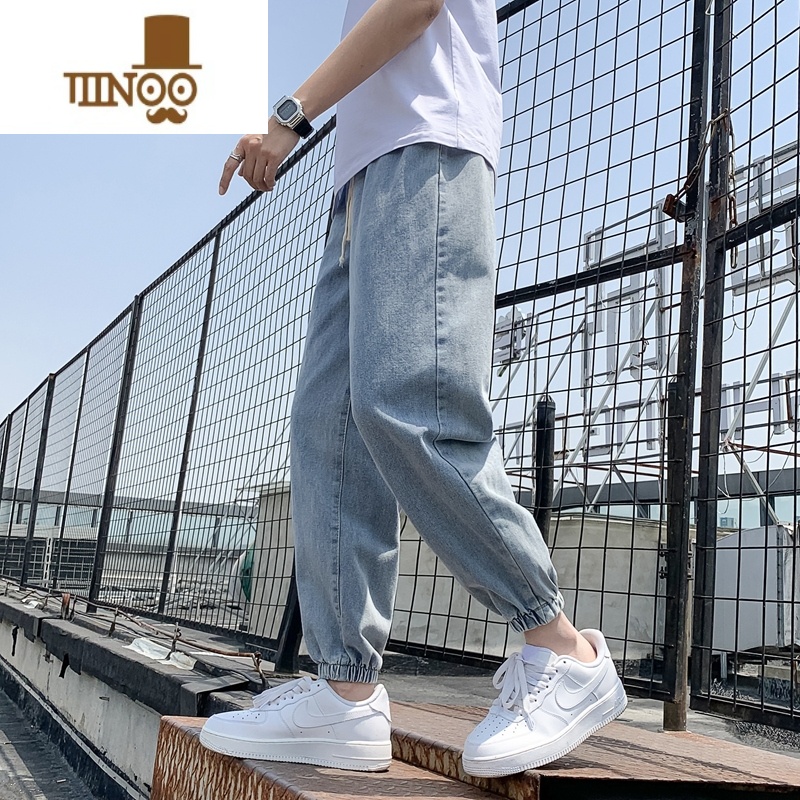 YANXU浅色牛仔裤男士2023夏季薄款潮牌宽松束脚直筒裤子韩版潮流九分裤高清大图