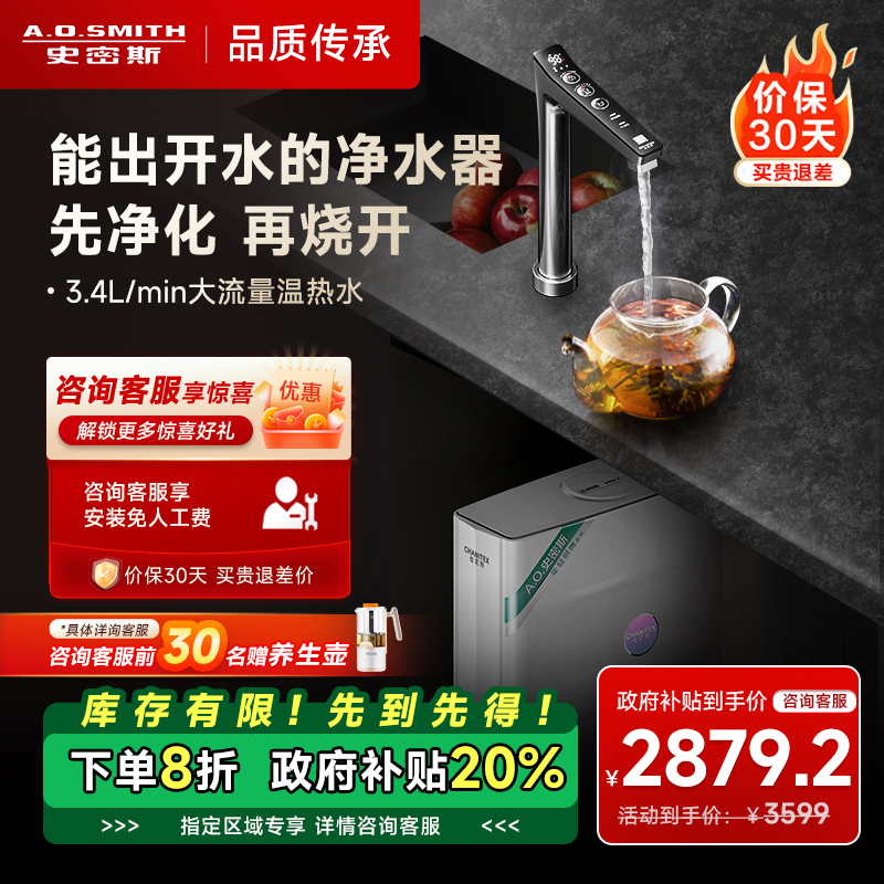 史密斯加热净水器佳尼特100℃真开水大流量 多档控温TDS数显 600G家用直饮冷热一体热饮机CAR600-FA1升级款
