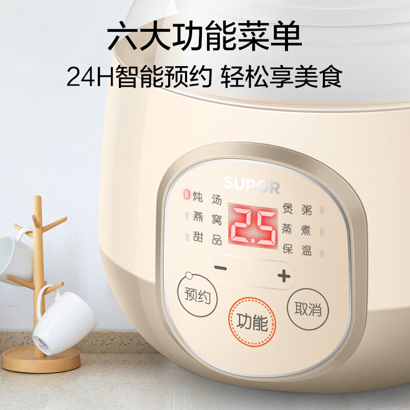 苏泊尔(SUPOR)燕窝炖盅 电炖锅 BB煲粥锅 陶瓷 迷你煲汤锅 带蒸笼 养生煲0.9L单人小炖锅DZ09YC811A