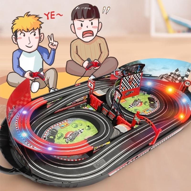 双人汽车轨道车儿童玩具男孩遥控小火车总动员赛车电动 升级款三层组装赛道-电动标配