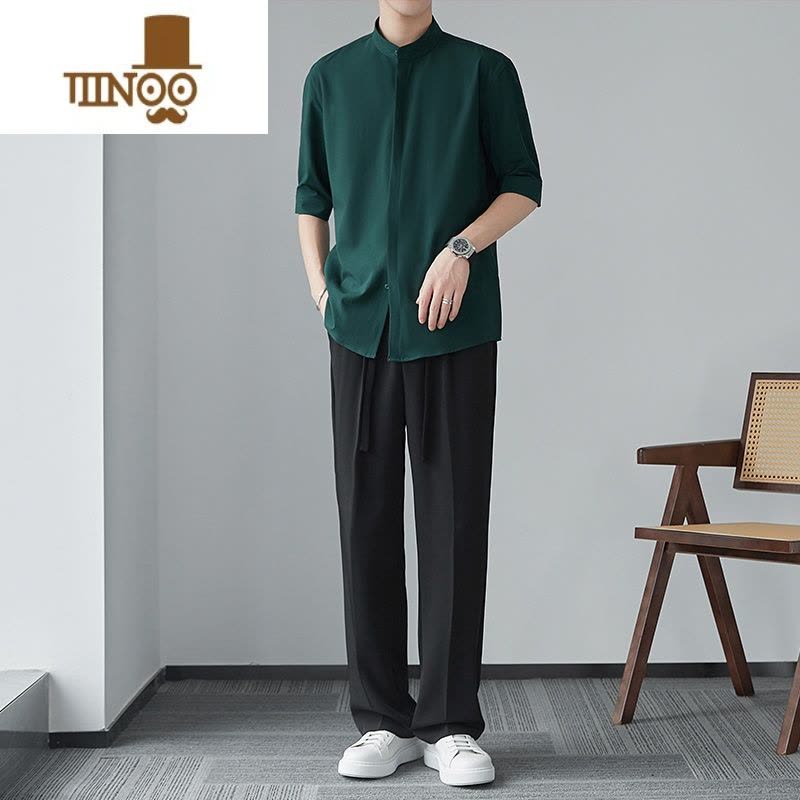 YANXU古着新中式男士短袖衬衫夏季立领衬衣感冰丝垂感中袖衬衫图片