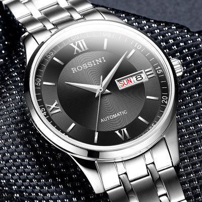 罗西尼(ROSSINI)手表雅尊商务系列黑盘钢带进口机芯双历机械情侣表钟表男表515701