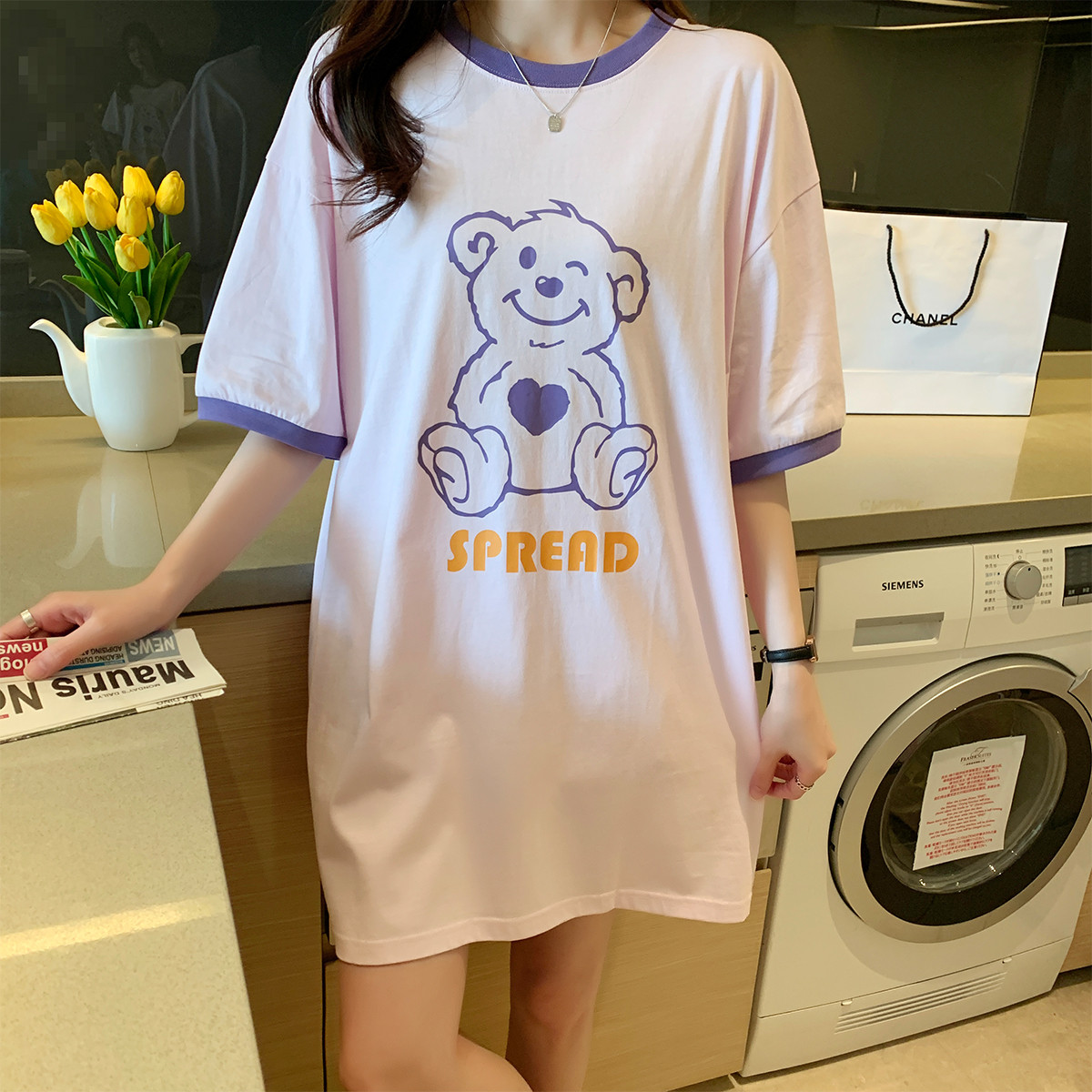 [1折价38.3元叠加优惠券]唐狮夏季连衣裙女俏皮可爱风圆领撞边图案长款t恤小个子百搭