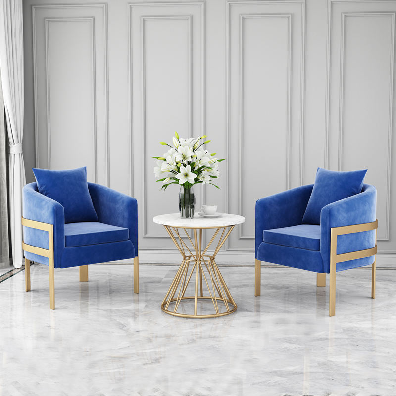 三金鑫 现代简约轻奢铁艺单人设计师沙发椅北欧休闲会客接待洽谈桌 一桌两椅（宝石蓝）