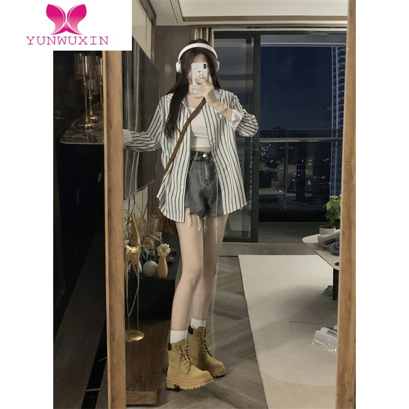 YUNWUXIN法式条纹衬衫女秋装薄款休闲衬衣罩衫外套设计感小众长袖上衣