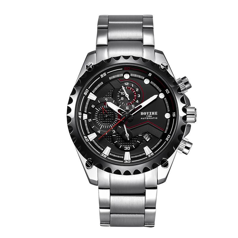 博雅哲(BOYZHE)大表盘全自动机械手表男士夜光防水潮流个性钢带商务瑞士风格学生情侣男神腕表