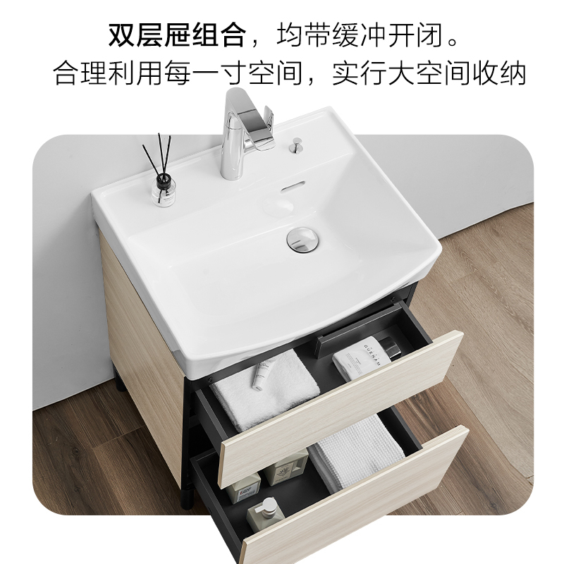 TOTO卫浴一体式洗脸陶瓷盆洗漱台洗手盆柜镜柜浴室柜组合照明防雾LBEA060MW(06-D)[含角阀]高清大图