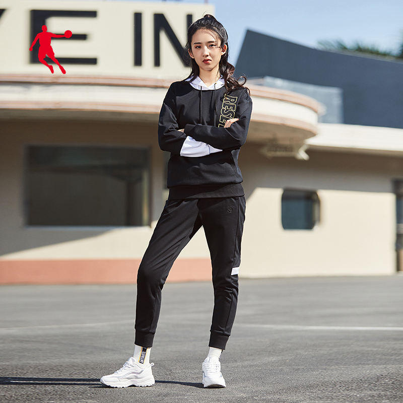 乔丹官方旗舰运动套装女装2020春季新款连帽套头撞色休闲运动服两件