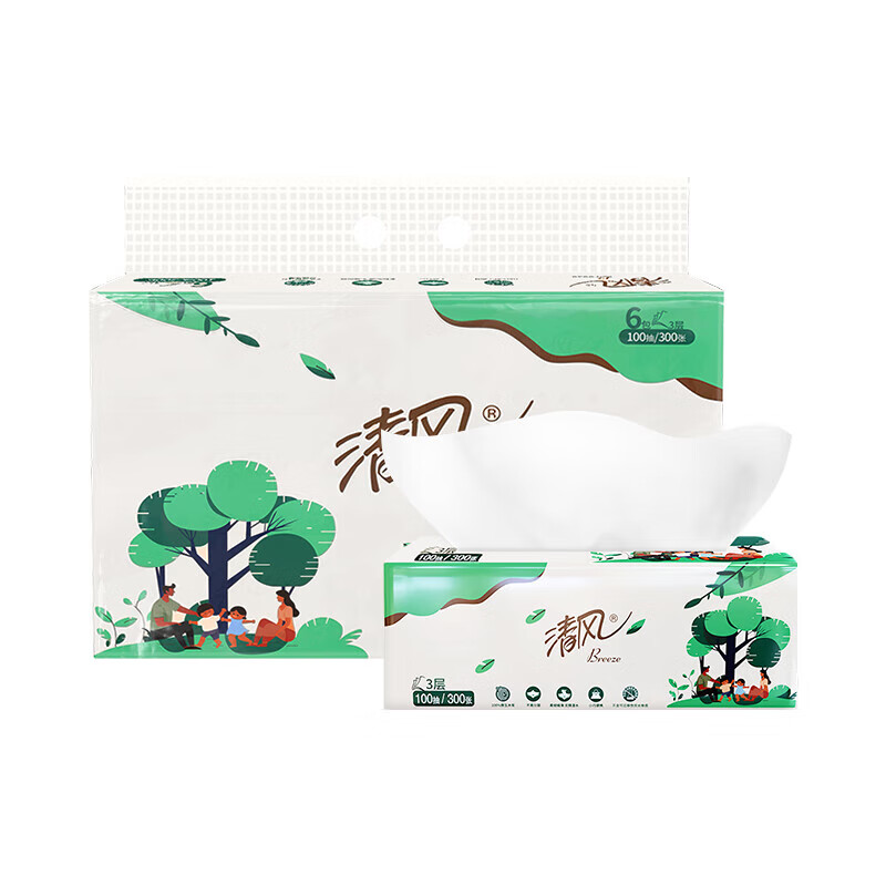 清风3层原生木浆纸巾24包箱装无香无印花100抽小规格生活用纸高清大图