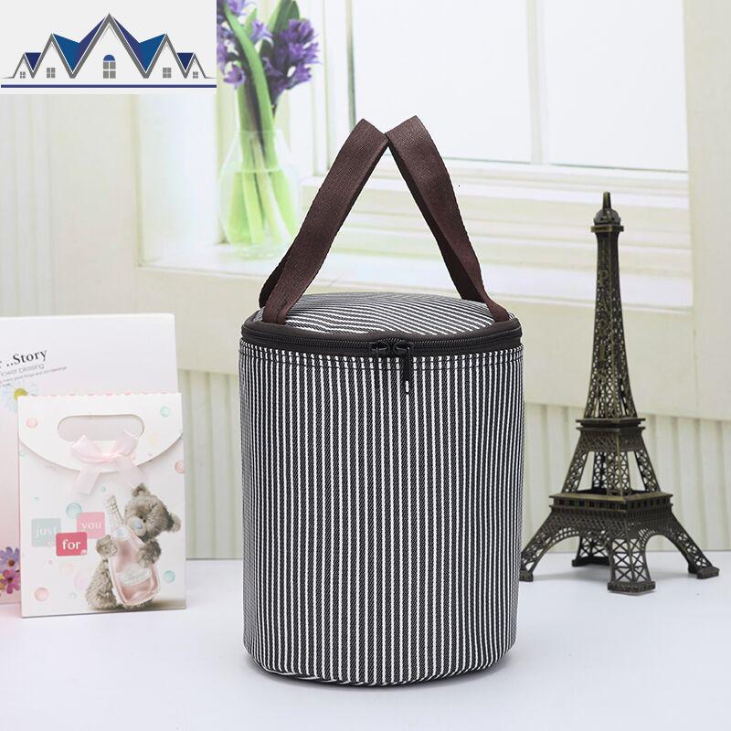 圆形保温饭盒袋保温袋带饭的手提袋子帆布便当包加厚铝箔饭盒包包 三维工匠收纳包 黑色条纹大号高30*宽18