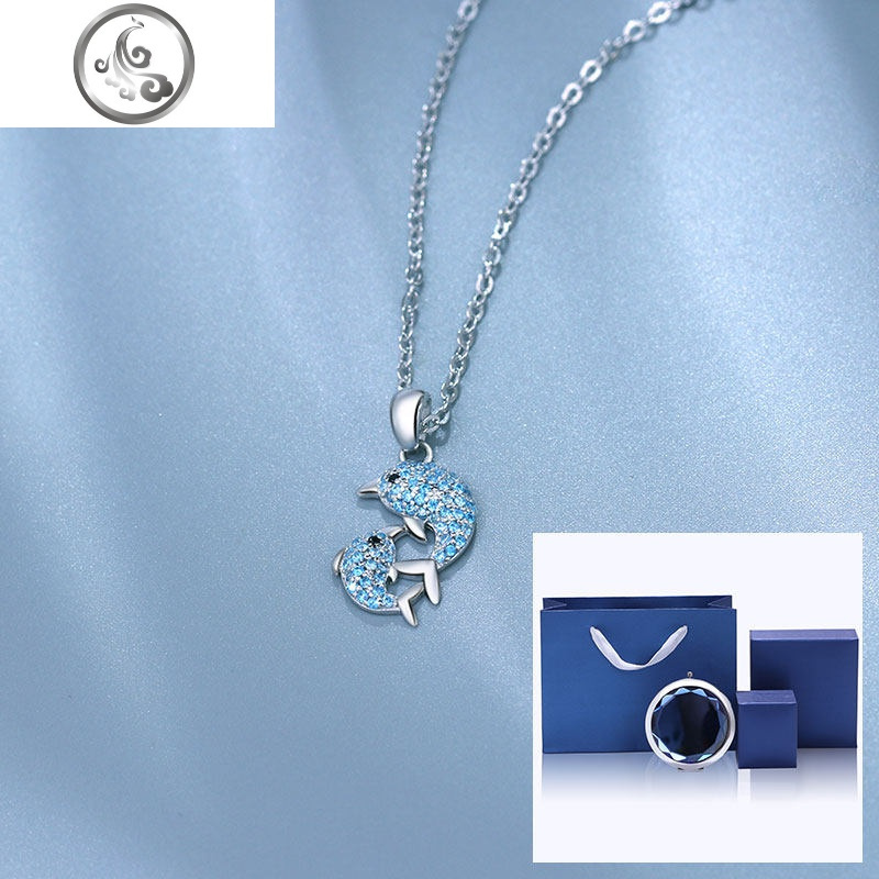 S925纯银海豚项链女锆石水晶吊坠女友闺蜜生日鲸鱼锁骨链 JiMi