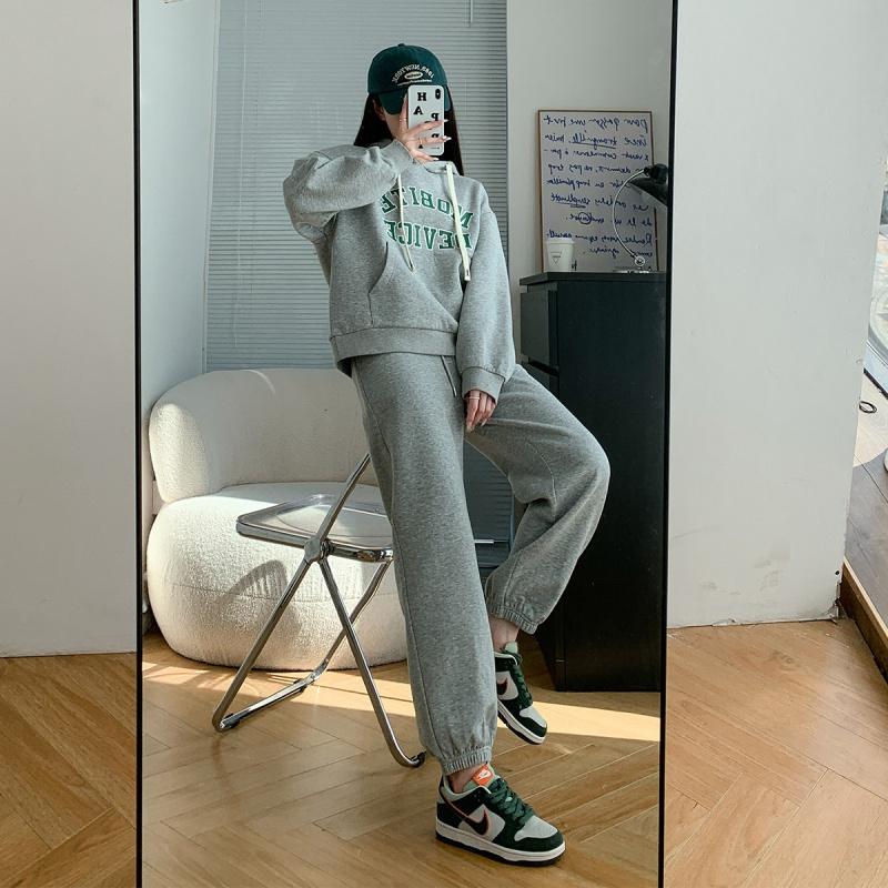 唐狮 女春装连帽前胸字母学院风卫衣长裤ins