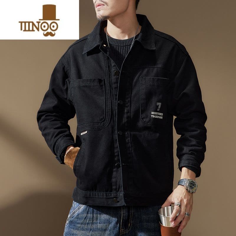 YANXU高端美式黑色工装夹克男新款宽松衬衫休闲牛仔猎装外套男图片
