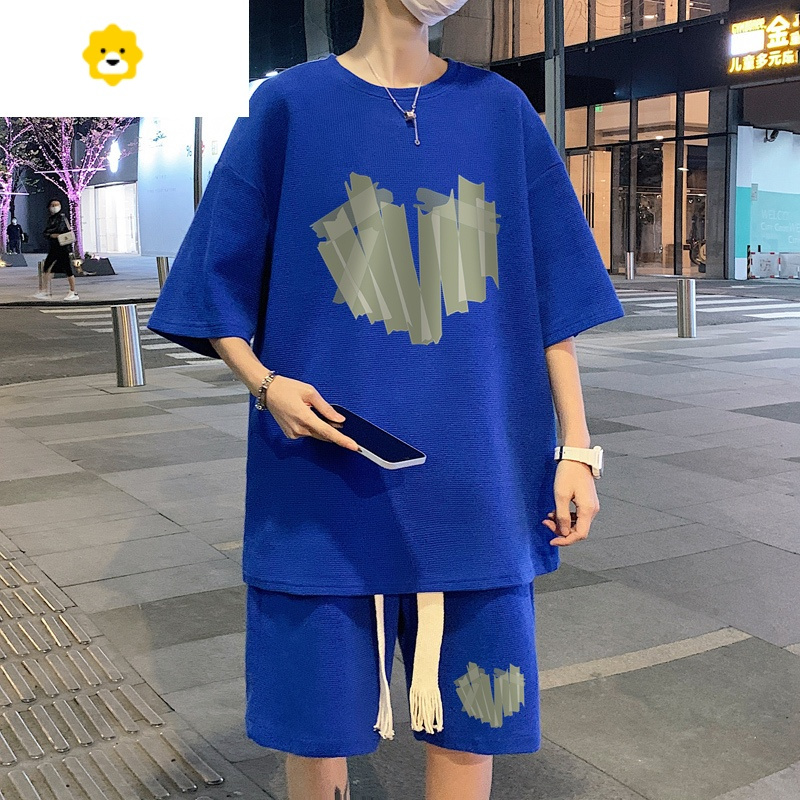 fish basket华夫格t恤男士夏季套装潮牌ins宽松短袖短裤一套冰丝运动