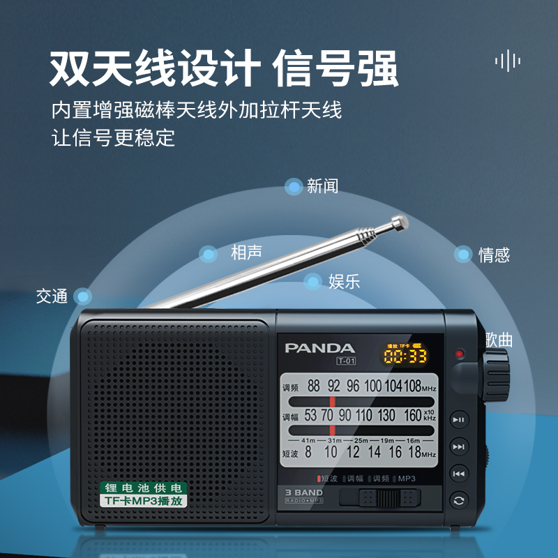 熊猫(PANDA)T-01广播收音机全波段插卡便携式fm调频老年人用的随身听歌机小型半导体黑色高清大图