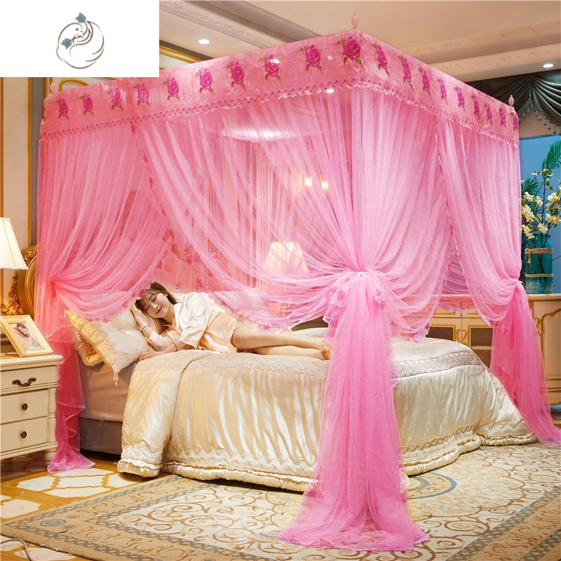 蚊帐家用18公主风支架杆子15米床加密落地宫廷纹帐富贵花开粉色蚊帐
