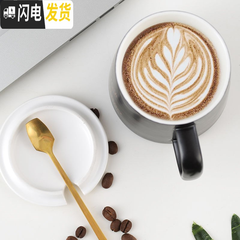 三维工匠北欧个性创意简约大理石纹陶瓷咖啡牛奶情侣马克水杯子ins带盖勺 泡沫包装行走猪咖啡器具