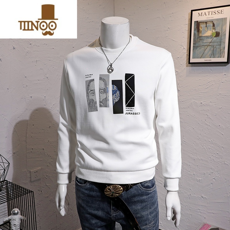 YANXU长袖套头卫衣男休闲圆领创意潮流印花贴布青年帅气袖袖圆帅高清大图