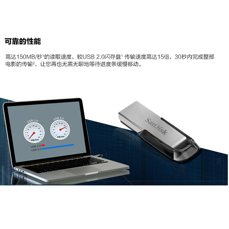 闪迪(SanDisk)128GB U盘 酷铄 CZ73 金属优盘 USB3.0 读150MB/s 银色