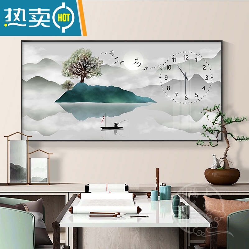 敬平新中式电表箱装饰画带钟山水情遮挡配电箱强弱电源时钟大尺寸挂画装饰画高清大图