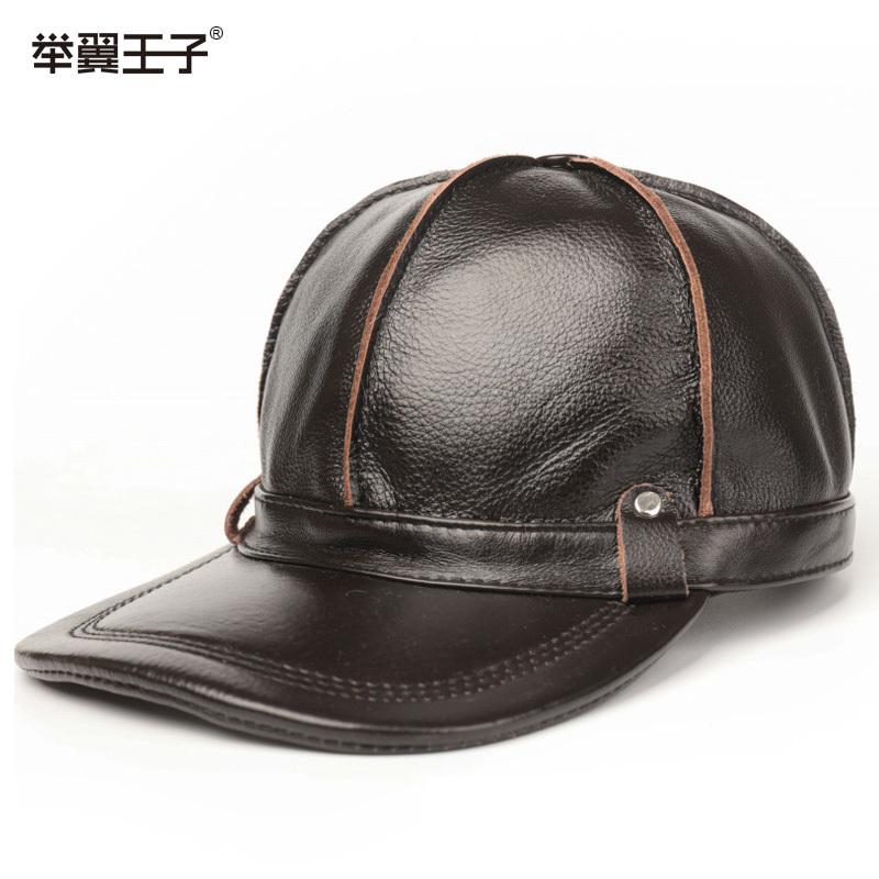 举翼王子(wuwing)秋冬季保暖牛皮帽子中老年户外夹棉带护耳真皮韩版皮