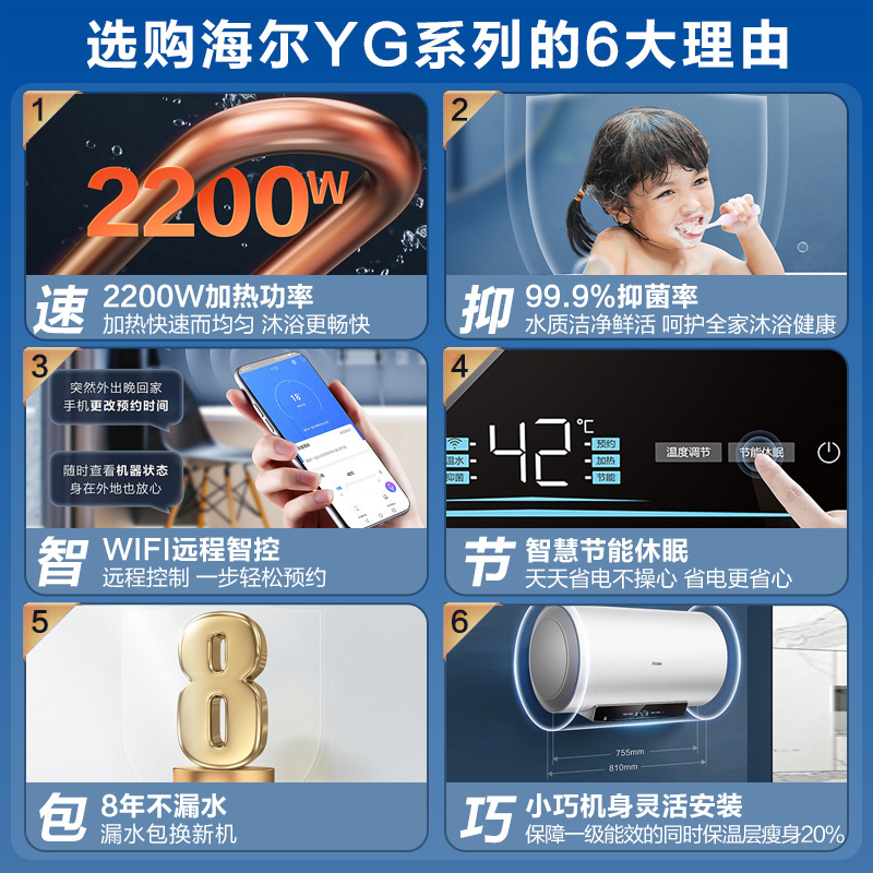 海尔(Haier)50升电热水器 2200W速热 一级能效 WIFI+语音智控 金刚三层胆EC5001-YGU1