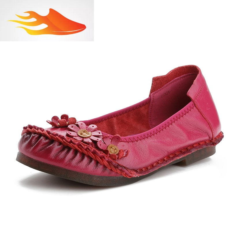 fishbasket民族风复古女鞋春秋皮鞋豆豆鞋女手工舒适软底休闲妈妈鞋单