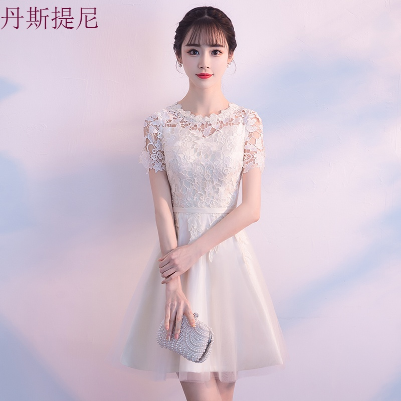 晚礼服女2018新款香槟色蕾丝短款显瘦宴会洋装小礼服伴娘连衣裙秋