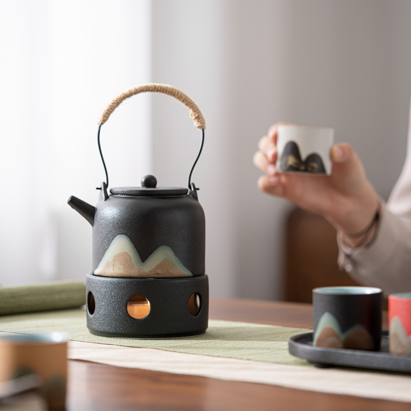 苏氏陶瓷(SUSHI CERAMICS)手绘釉画彩千里江山四色杯温茶套装禅黑文创伴手礼套组