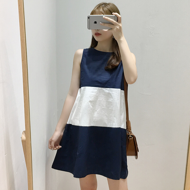 付臭美2018夏装新款韩版拼接撞色无袖连衣裙女中长款a字裙子学生 条纹