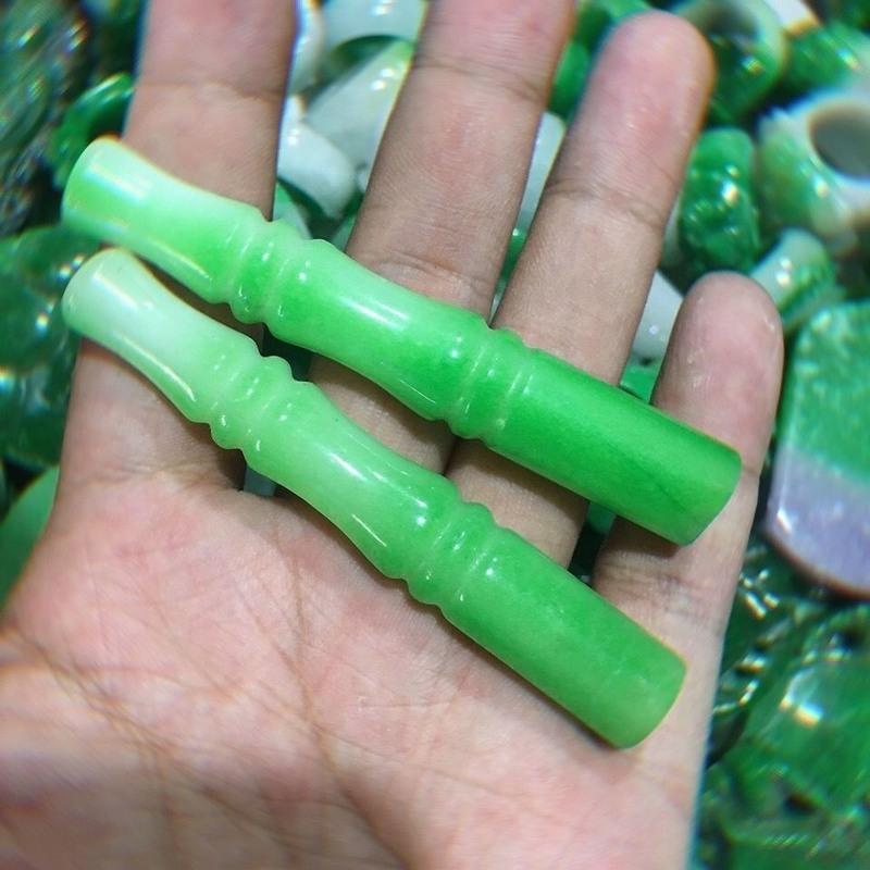 老式旱烟袋嘴翡翠色飘阳绿便携玉烟嘴老人玉石烟袋烟锅烟斗玉配件