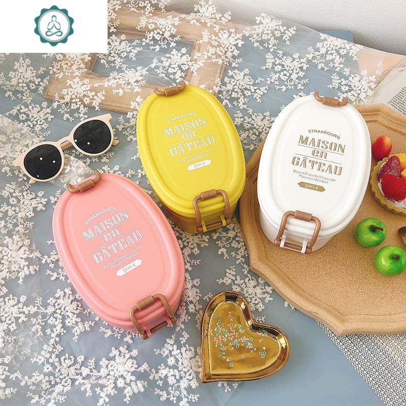 复古日式便当盒饭盒分格可爱便携学生上班族简约午餐盒两层 封后 绿色