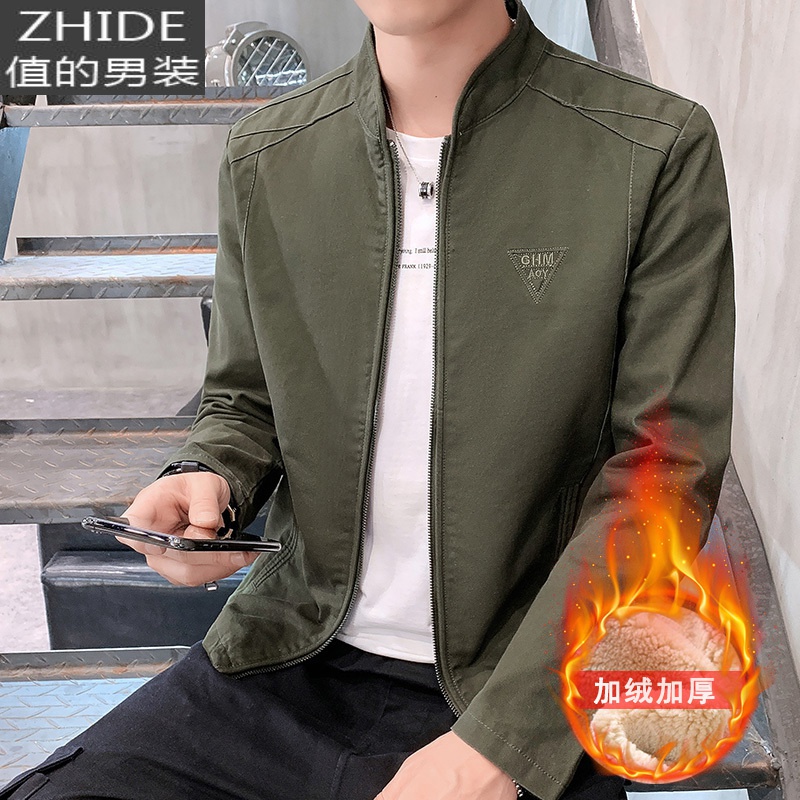 SUNTEK棉布外套男韩版修身青年商务休闲夹克棉外衣秋冬季大码茄克加绒夹克高清大图