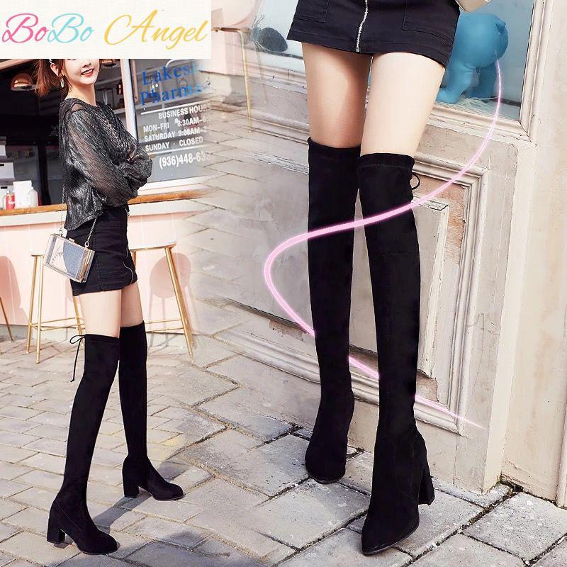 BOBO Angel2019秋冬新款过膝弹力长靴女高跟鞋女加绒长筒靴粗跟高筒靴子女