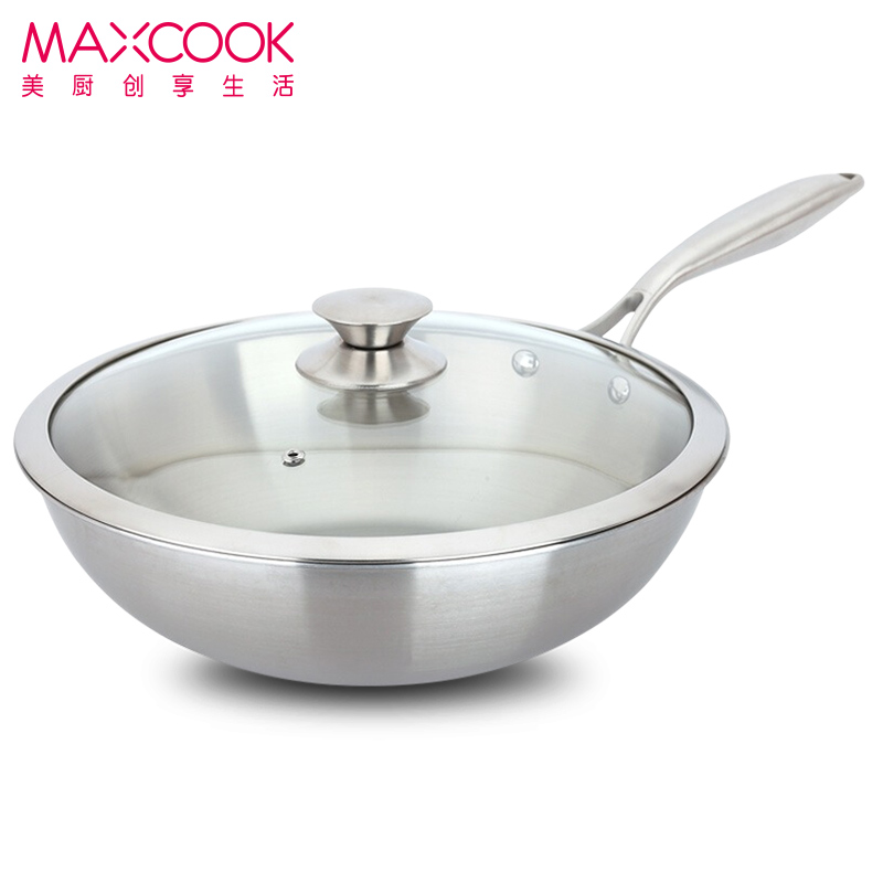 美厨 304不锈钢炒锅 少油烟无涂层物理不粘锅 加盖32CM 银月系列 锅具MCGU-YY32高清大图