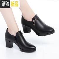 大码中年女鞋2019新款单鞋春秋真皮粗跟皮鞋女春季黑色百搭高跟鞋 广赫