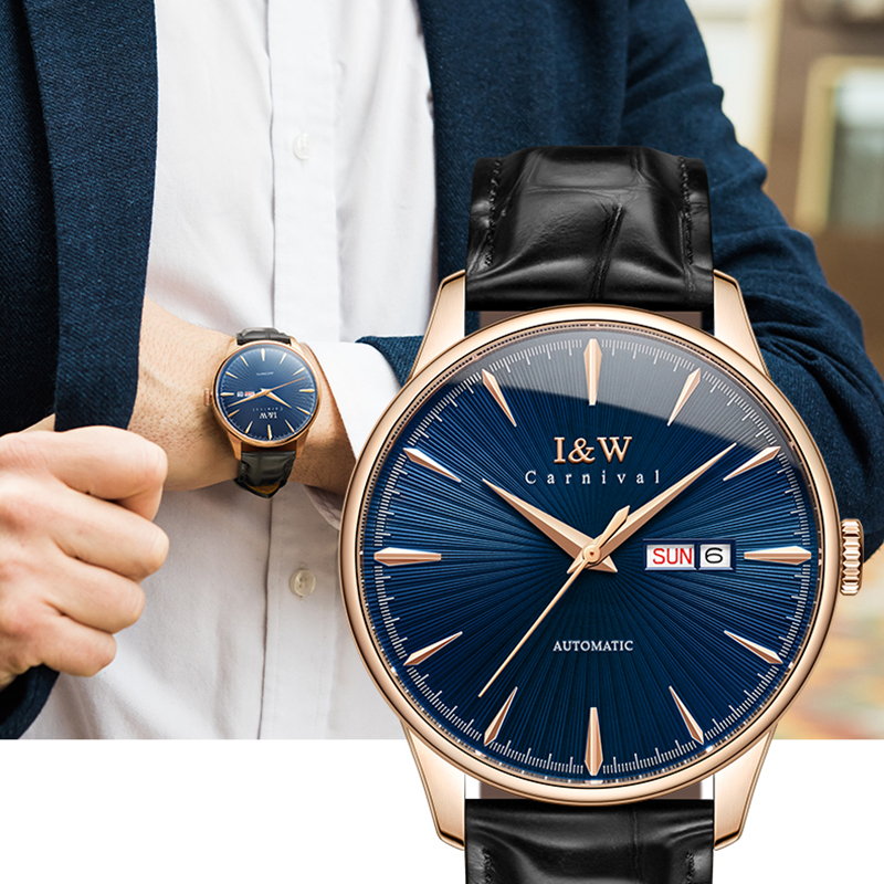 瑞士爱沃驰I&W CARNIVAL手表男士全自动机械表 男表进口机芯真皮带防水时尚双日历腕表新款品牌519G高清大图