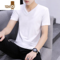 YANXU男士t恤短袖v领修身潮流打底衫体桖夏季半袖男装纯色衣服短衣 L 短袖/V领白色