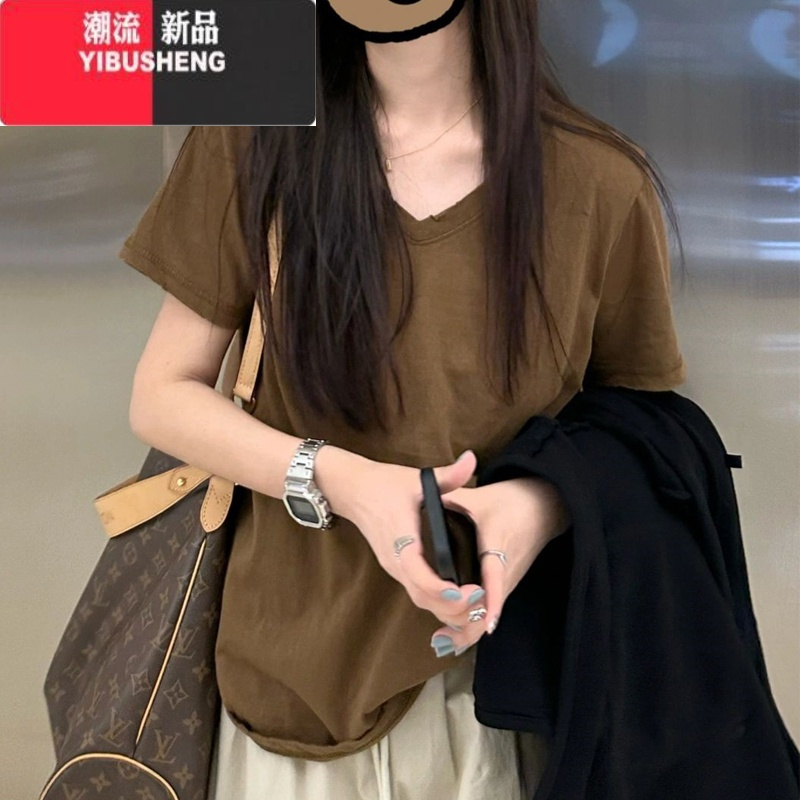 YIBUSHENG美式复古正肩V领纯色短袖T恤女港味chic宽松显瘦半袖体恤上衣服