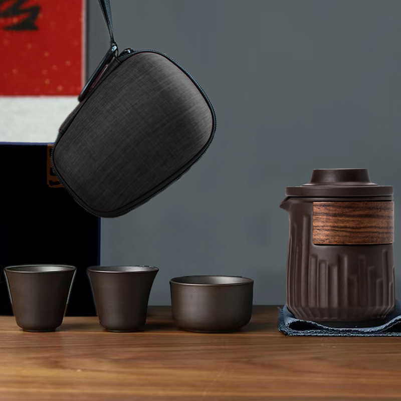 沏一杯茶 竖条纹紫砂泥快客杯-便携式旅行茶具套装PZ307A