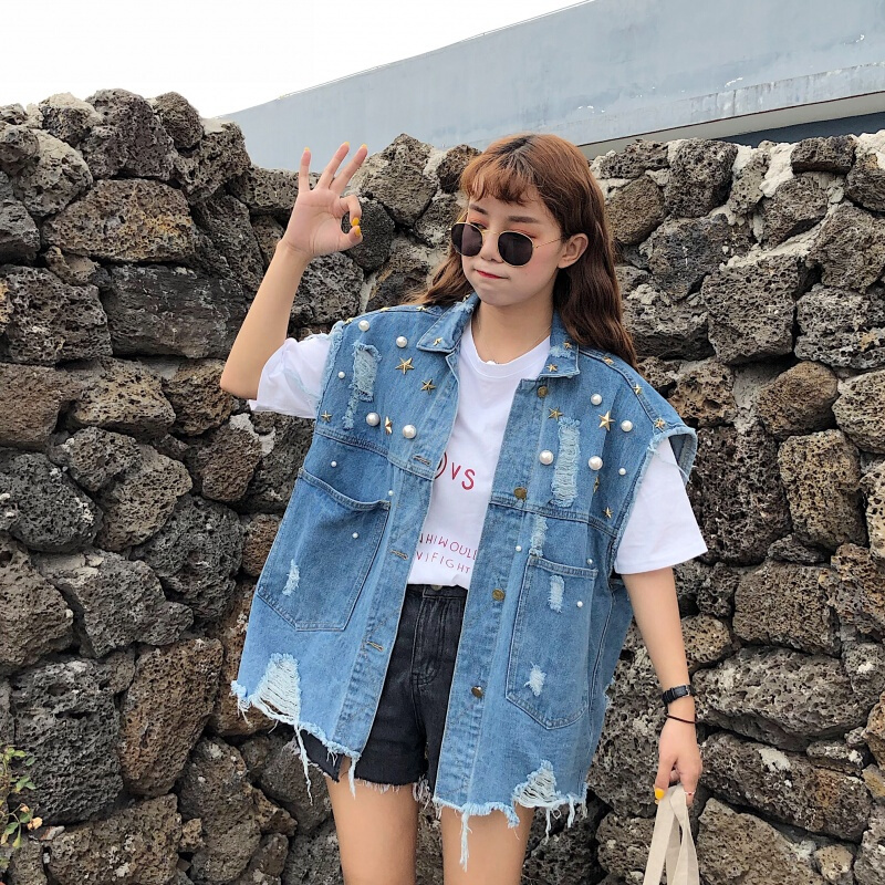 夏装女装韩版个性钉珠水洗破洞复古毛边牛仔马甲无袖背心上衣外套 蓝色 均码