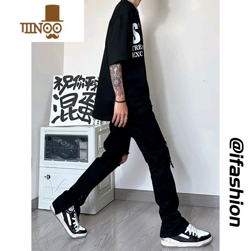 YANXU乞丐破洞牛仔裤男生黑色直筒修身长裤美式高街拉链开叉裤子图片