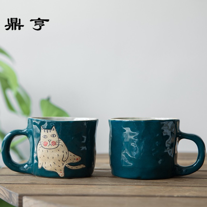 鼎亨日式手工捏制陶瓷马克杯水杯情侣款卡通可爱猫咪杯送勺麦片杯