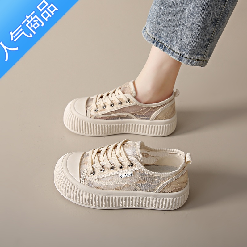 SUNTEK厚底帆布鞋女2023新款夏季镂空透气网面休闲运动板鞋女款34码高清大图