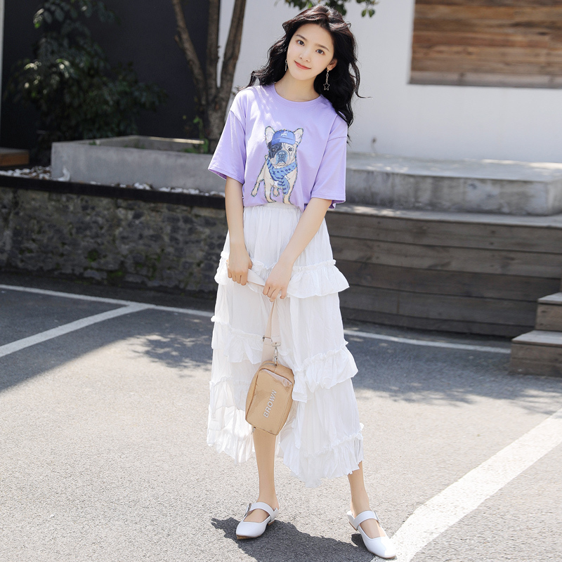 蛋糕裙T恤半身裙套装显瘦温柔风少女显瘦裙子印花体恤两件套