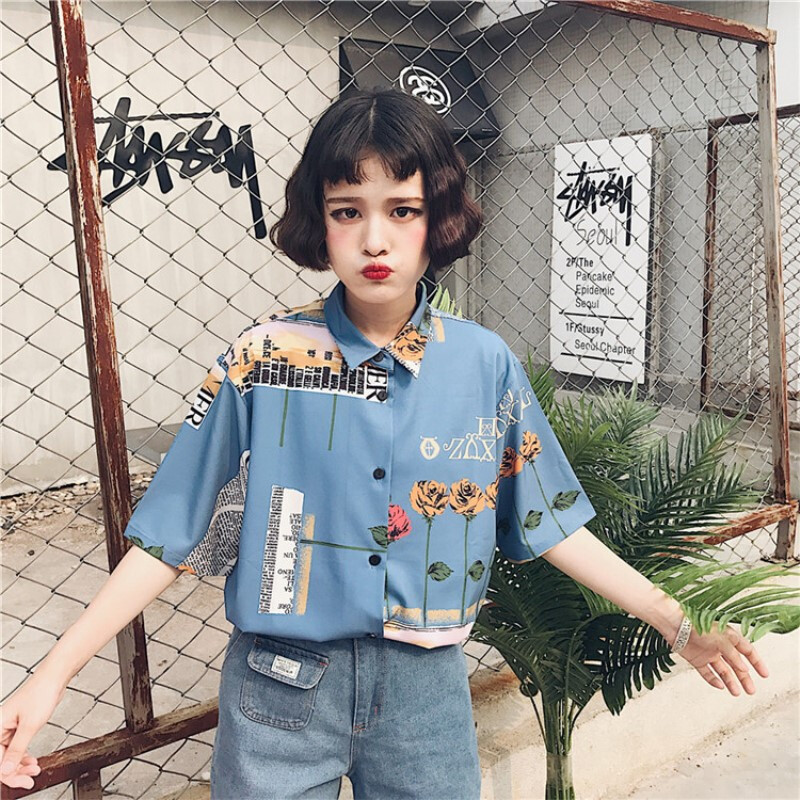 2018衬衣玫瑰花美式男朋友风复古衬衫中袖印花中生衬衫女蓝色