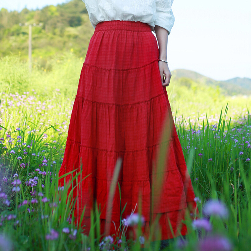 高腰半身裙女夏中长款大摆百褶裙宽松大码民族风复古棉麻女装长裙大红