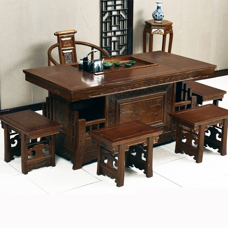 茶桌椅组合实木仿古方形明清古典办公大茶桌客厅榫卯结构将军茶台安心