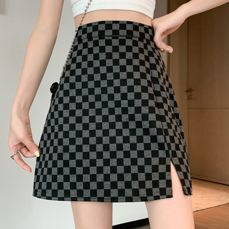 [1折价39.9元叠加优惠券]唐狮夏季高腰半身裙女棋盘格开叉包臀短裙辣妹时尚百搭潮高清大图